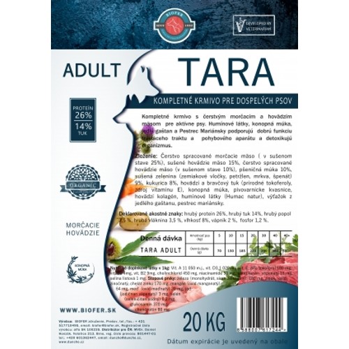 TARA Adult 26/14 - Kompletné krmivo s čerstvým morčacím a hovädzím mäsom pre aktívne psy. 20 kg
