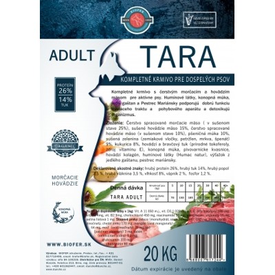 TARA Adult 26/14 - Kompletné krmivo s čerstvým morčacím a hovädzím mäsom pre aktívne psy. 20 kg